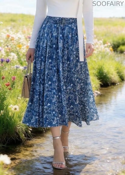 Blue Print Cotton Skirt Elastic Waist Summer