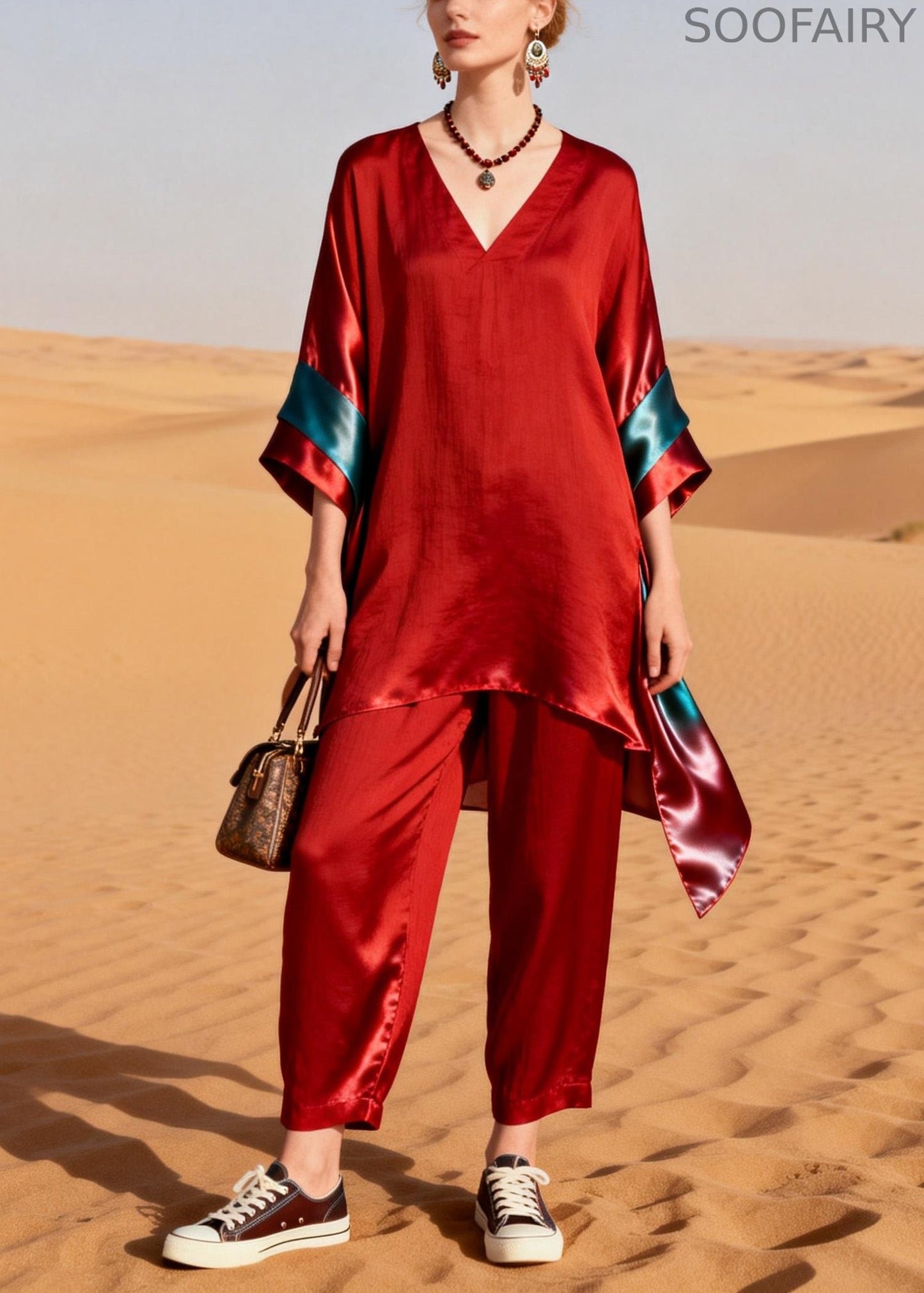 Unique Red V Neck Patchwork Linen Silk Two Pieces Set Summer