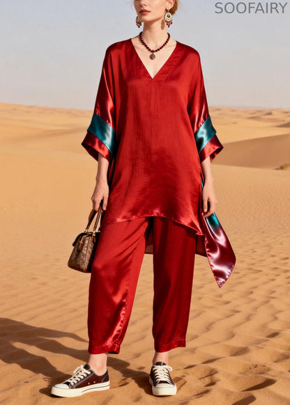 Unique Red V Neck Patchwork Linen Silk Two Pieces Set Summer