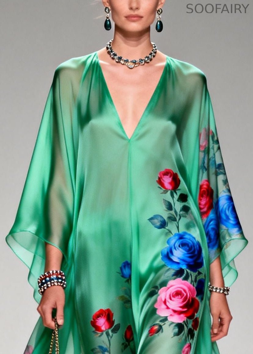 Art Tea Green Oversized Print Chiffon Long Dresses Summer