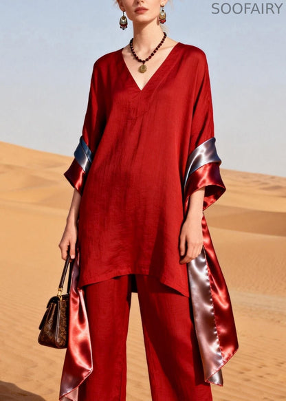 Red V Neck Patchwork Linen Silk Two Pieces Set Summer