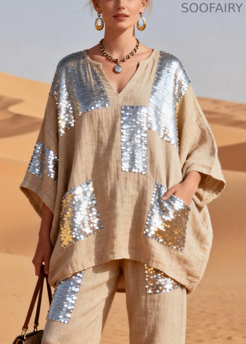 Handmade Khaki Asymmetrical Sequins Pockets Patchwork Linen Two Pieces Set