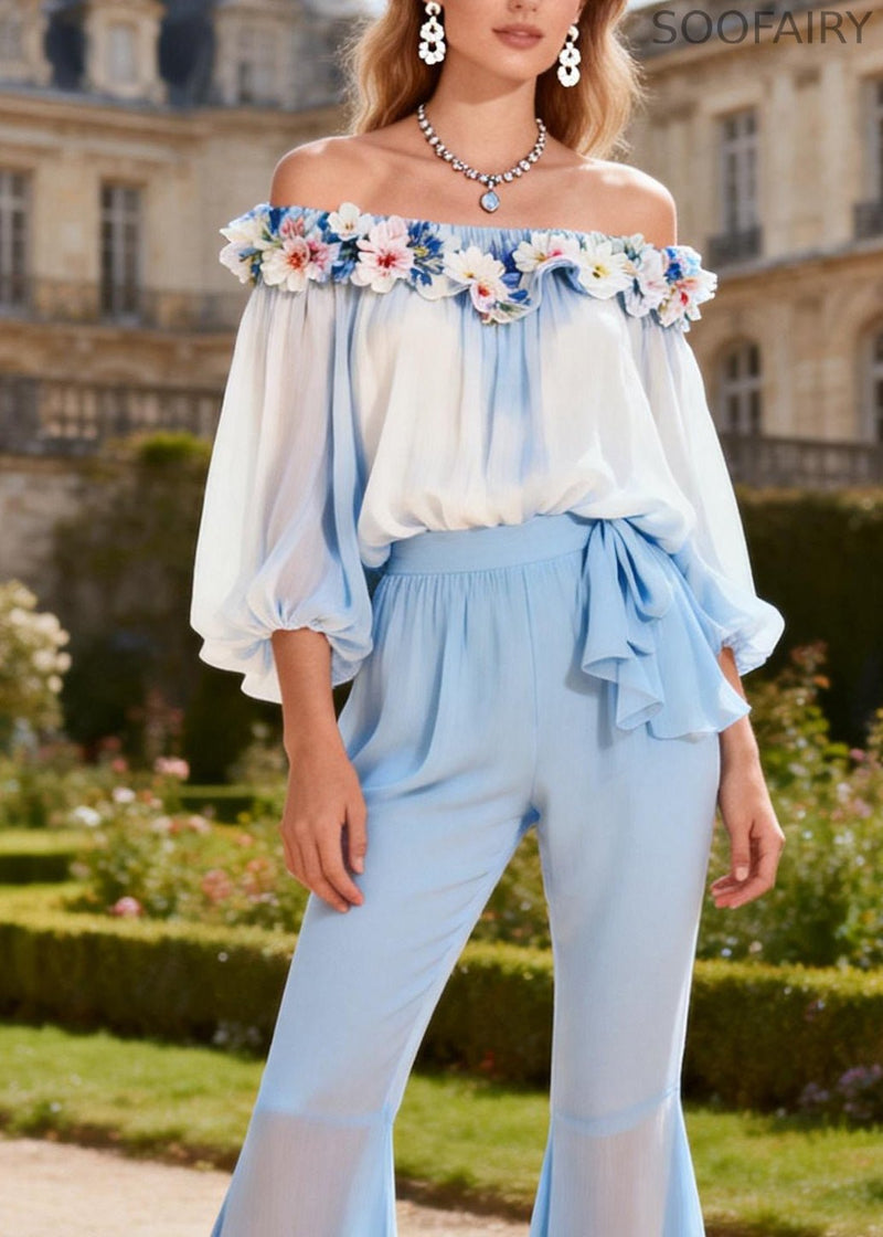 Blue Slash Neck Chiffon Top and Flared Trousers Two Piece Set Spring