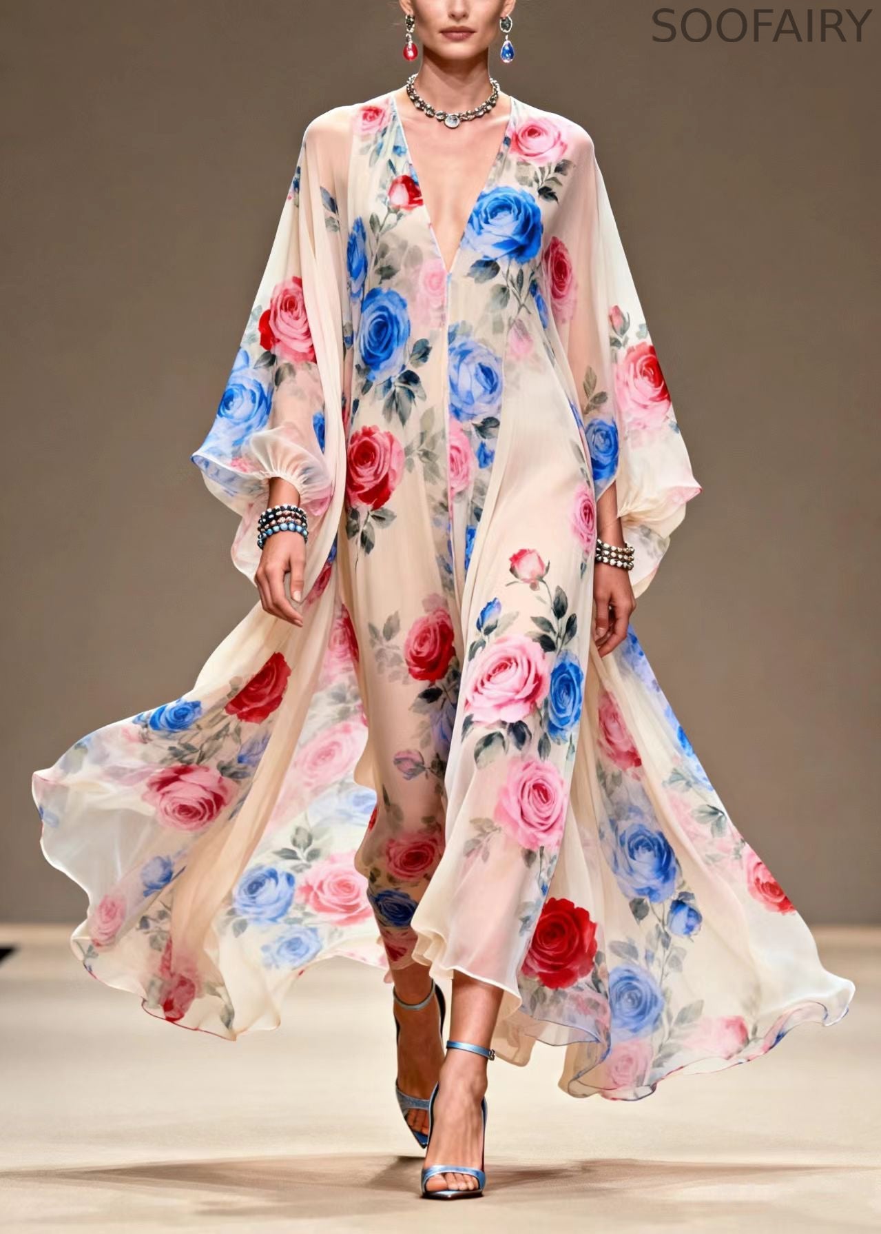 Italian Beige Print Exra Large Hem Chiffon Maxi Dresses Summer