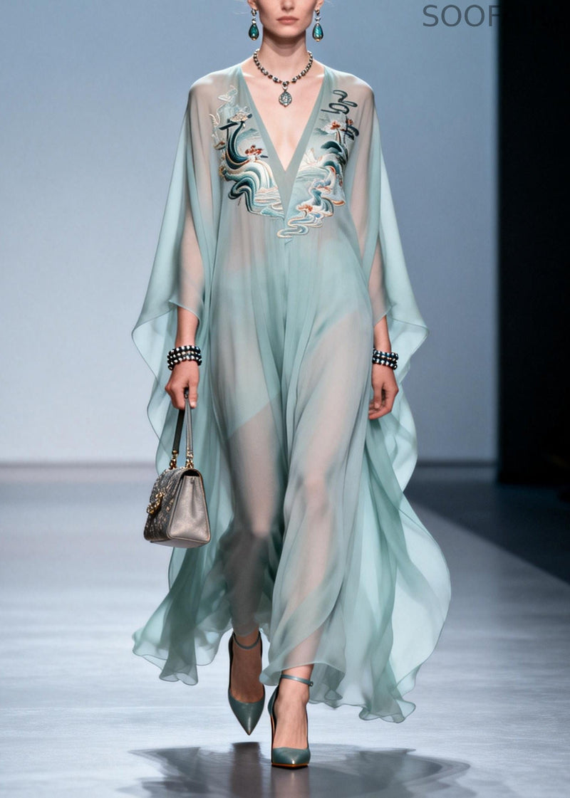 Sky Blue Print Draping Chiffon Maxi Dress Batwing Sleeve