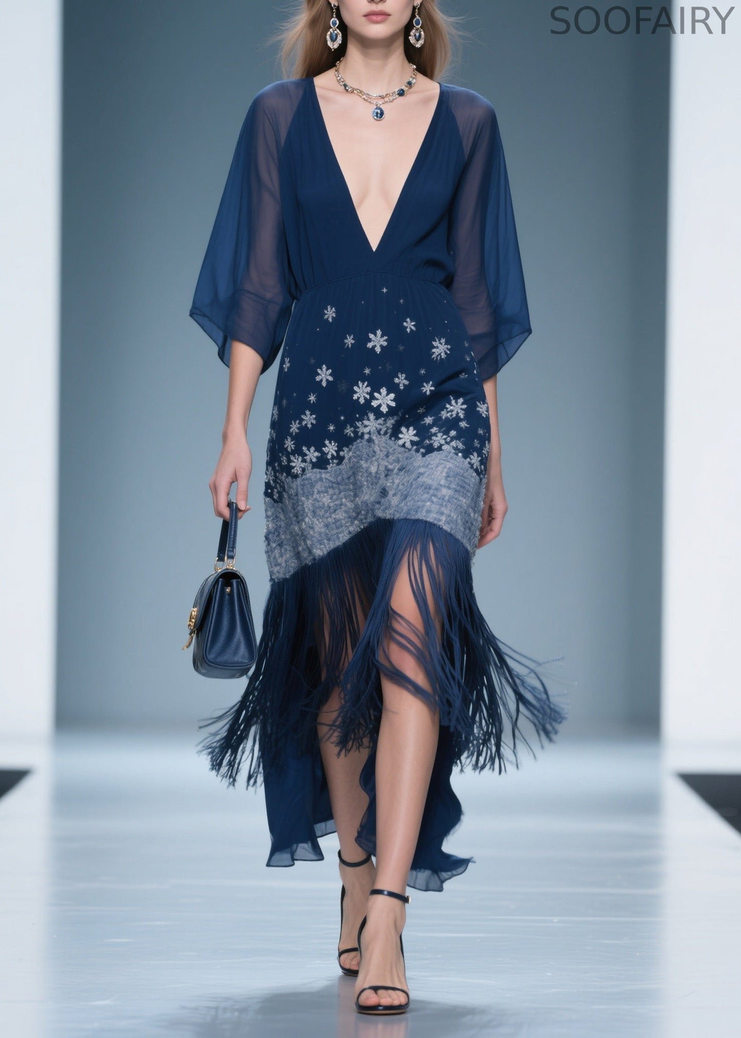 Fine V Neck Print Tassel Chiffon Maxi Dresses Summer