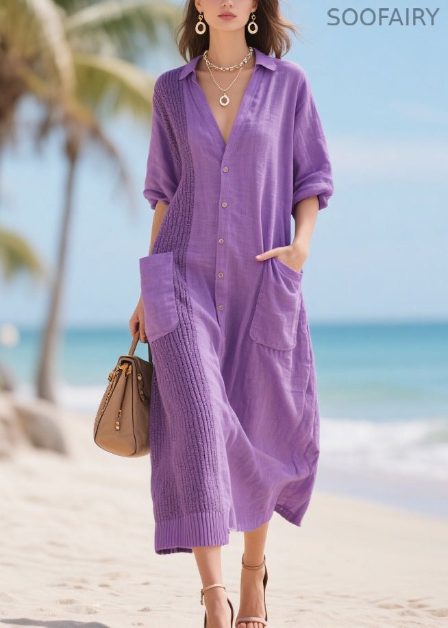 Modern Lavender Oversized Patchwork Pockets Cotton Dress Spring