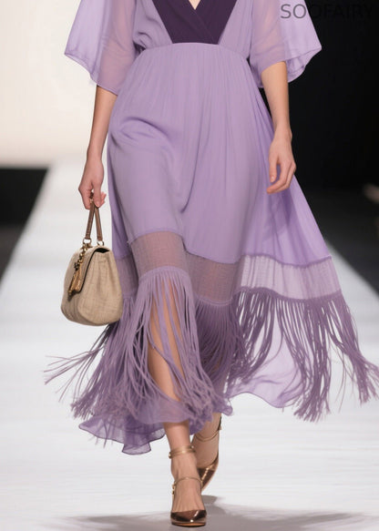 Purple V Neck Tassel Patchwork Cotton Dress Summer