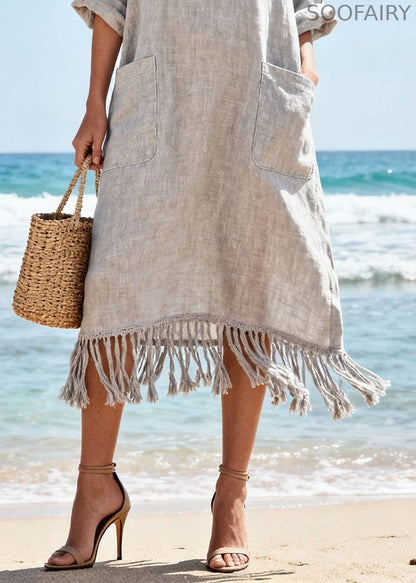 Organic Light Grey Tasseled Pockets Cotton Long Dress Spring