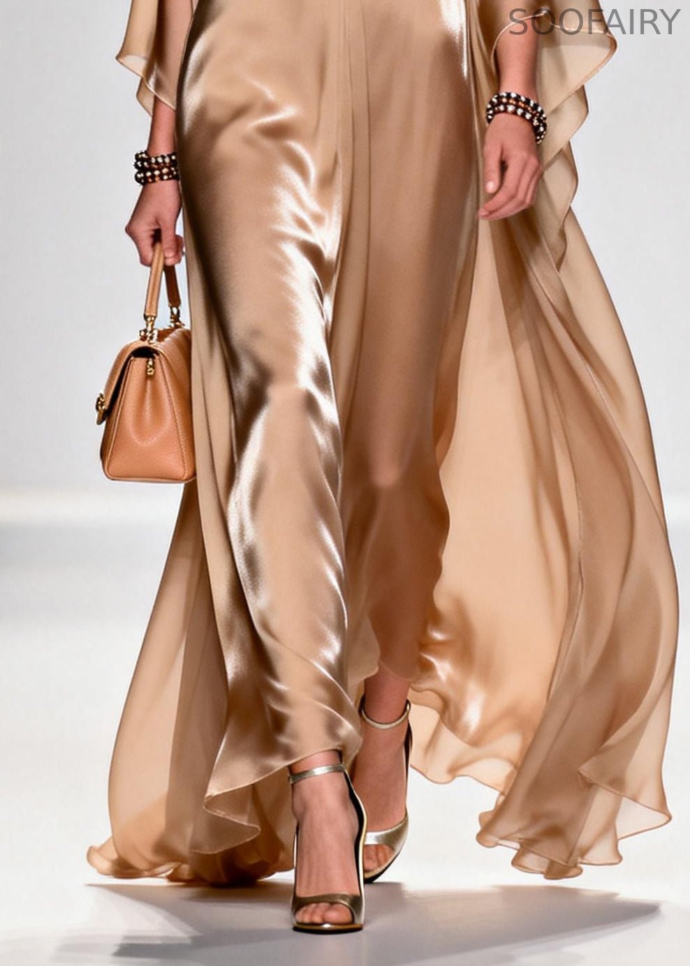 Khaki Bow Exra Large Hem Draping Chiffon Maxi Dresses Summer