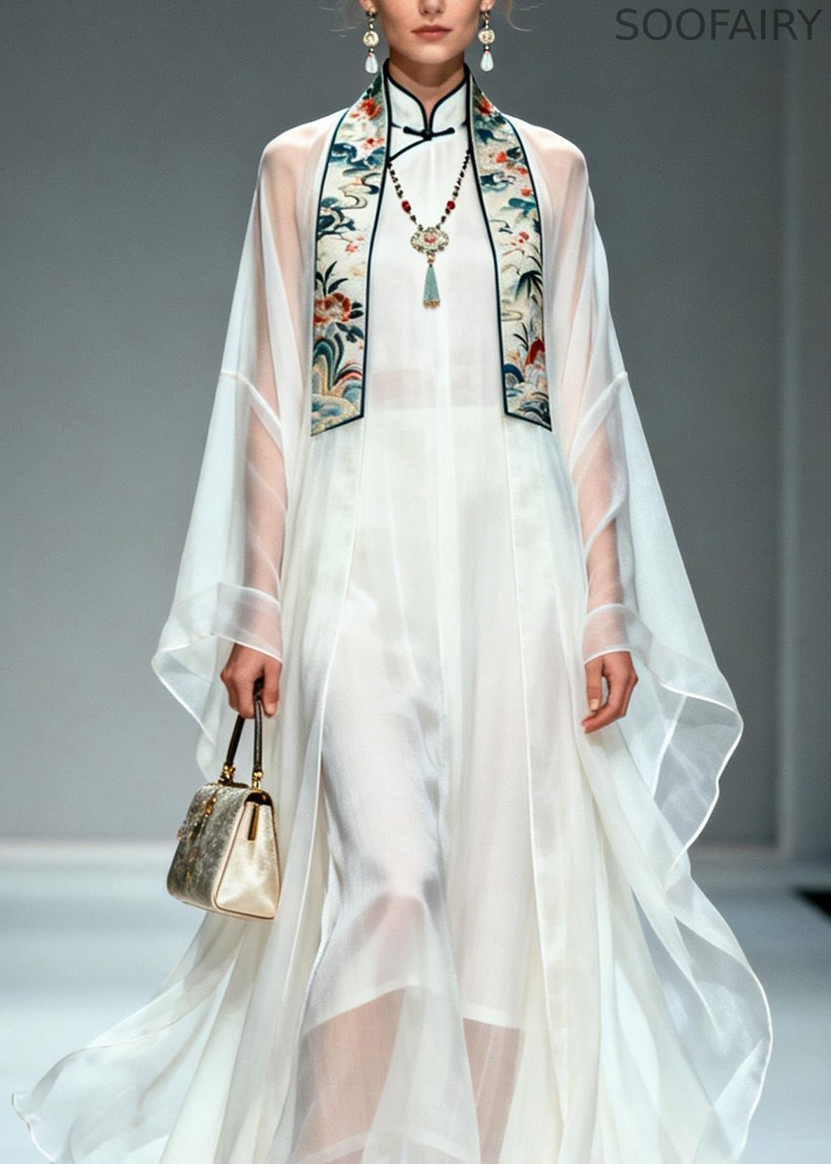 Simple White Stand Collar Patchwork Chiffon Two Piece Set Summer