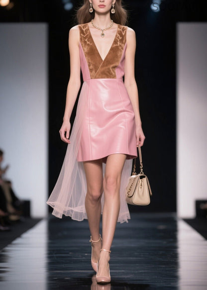 New V Neck Tulle Patchwork Faux Leather Mid Dresses Sleeveless