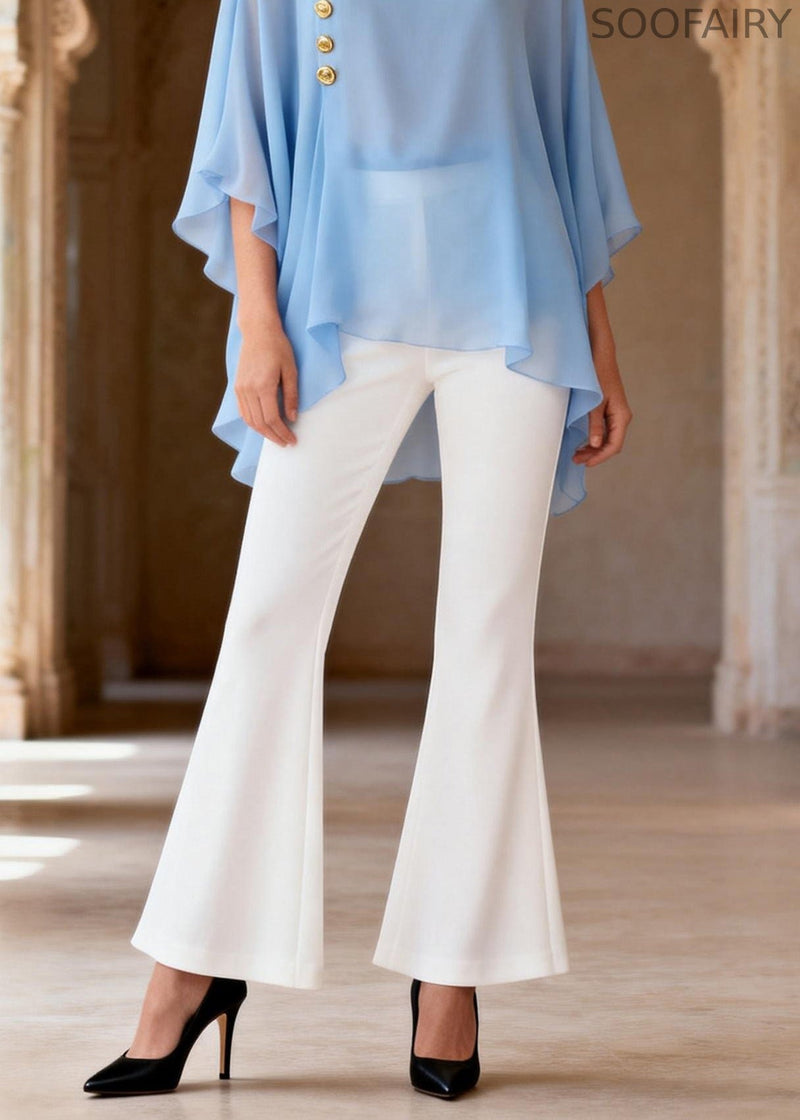Blue O Neck Top and White Flared Trousers Chiffon Two Pieces Set Summer
