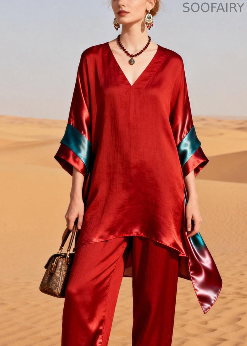 Unique Red V Neck Patchwork Linen Silk Two Pieces Set Summer
