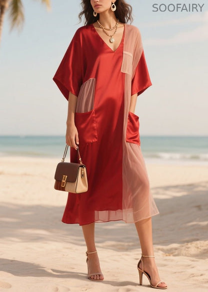 Red Patchwork Tulle Robe Dresses Asymmetrical Summer