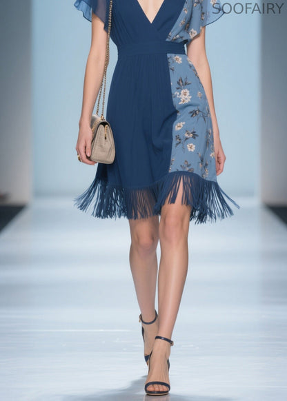 Unique V Neck Print Tassel Patchwork Cotton Dresses Summer