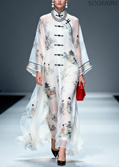Chinese Style White Print Draping Chiffon Long Dress Summer