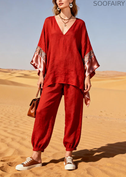 Red Oversized Patchwork Linen Silk Two Piece Suit Set Spring