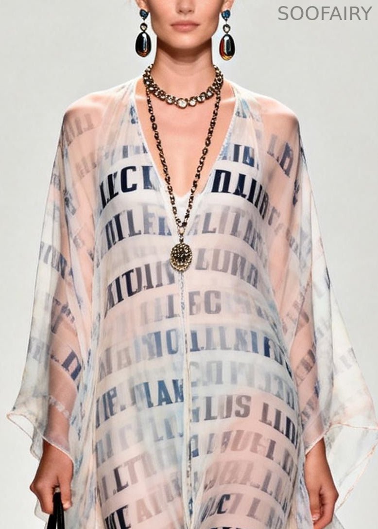 Italian White Letter Print Draping Chiffon Sheer Dress Summer