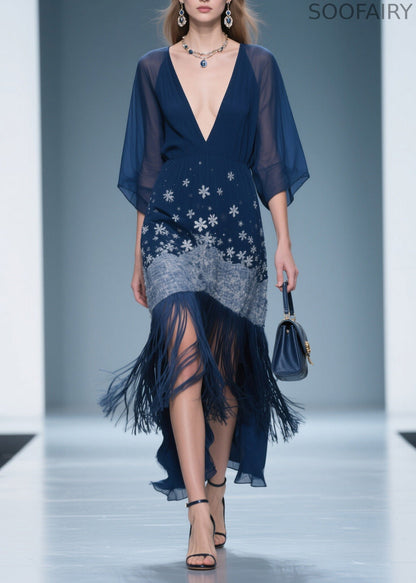 Fine V Neck Print Tassel Chiffon Maxi Dresses Summer