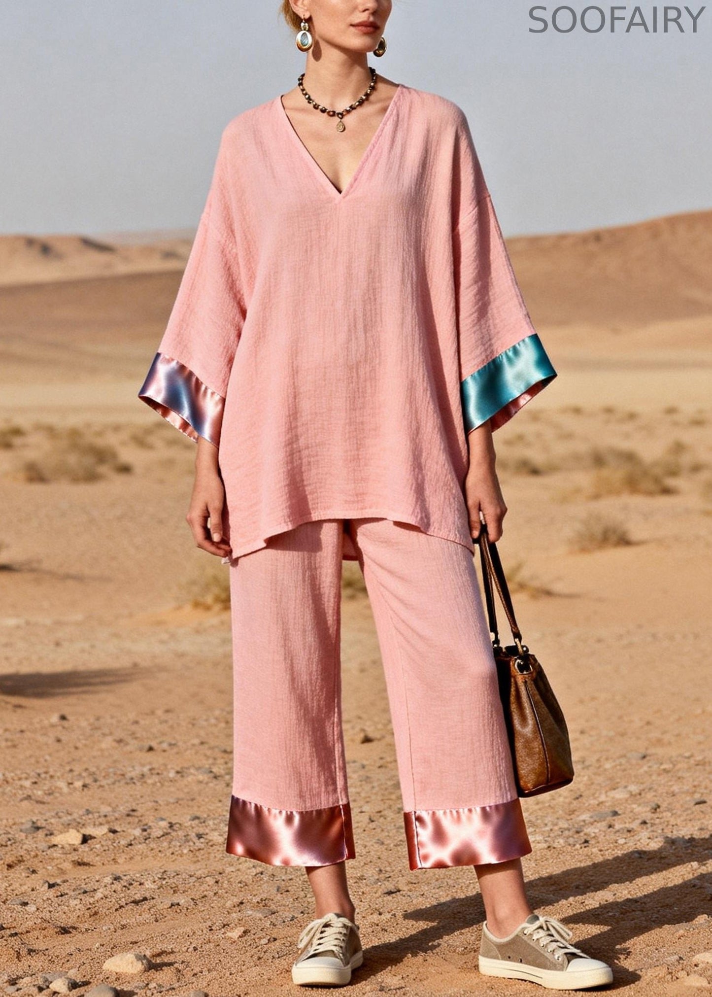 Pink Oversized Tops and Crop Pants Silk Patchwork Two Pieces Set V Neck