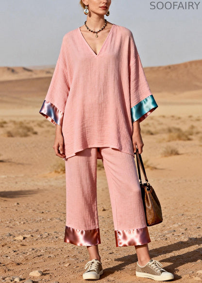 Pink Oversized Tops and Crop Pants Silk Patchwork Two Pieces Set V Neck