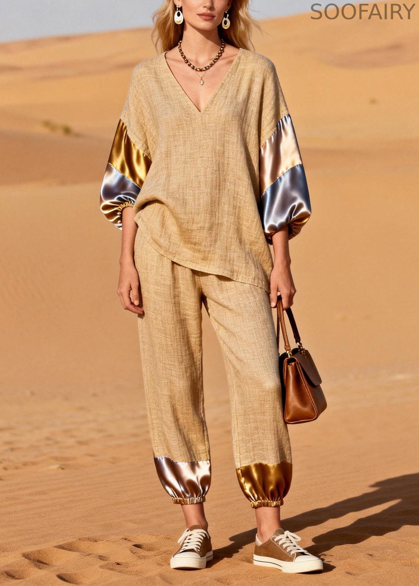 Khaki Oversized Patchwork Linen Two Pieces Set Spring