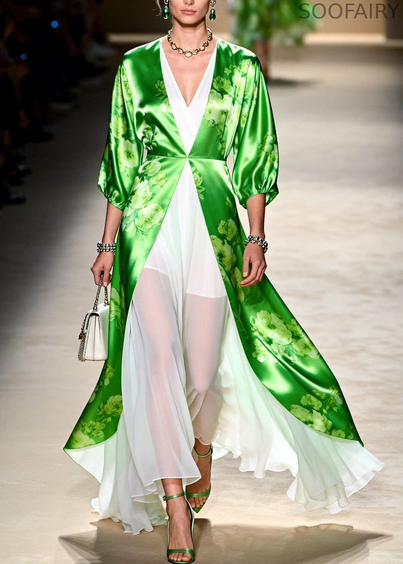 Green Print Chiffon Holiday Dress Two Piece Set Summer