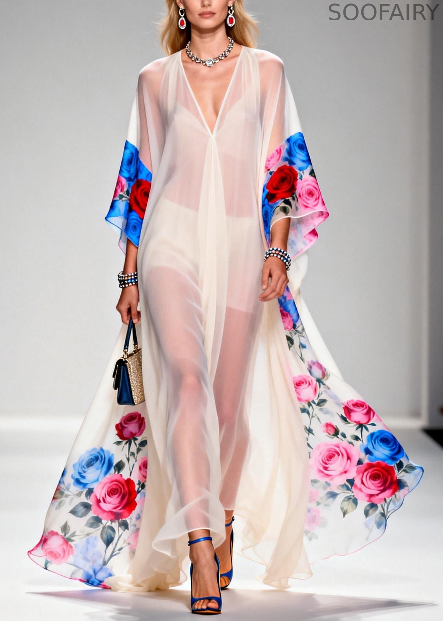 White Oversized Print Sheer Chiffon Maxi Dresses Summer