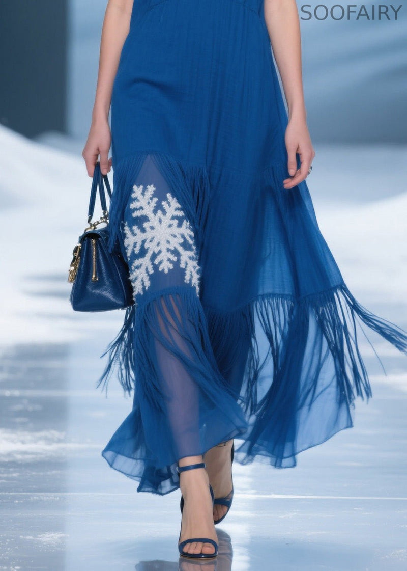 Blue Tassel Patchwork Spaghetti Strap Dress Summer