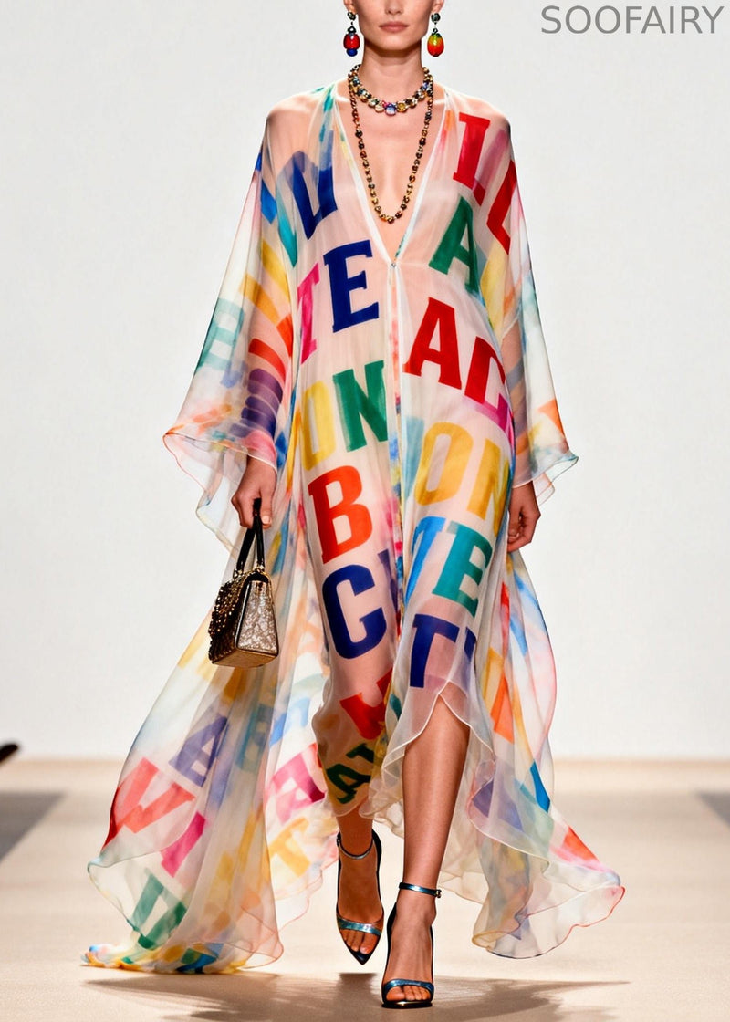Oversized Letter Print Exra Large Hem Chiffon Beach Dress Summer