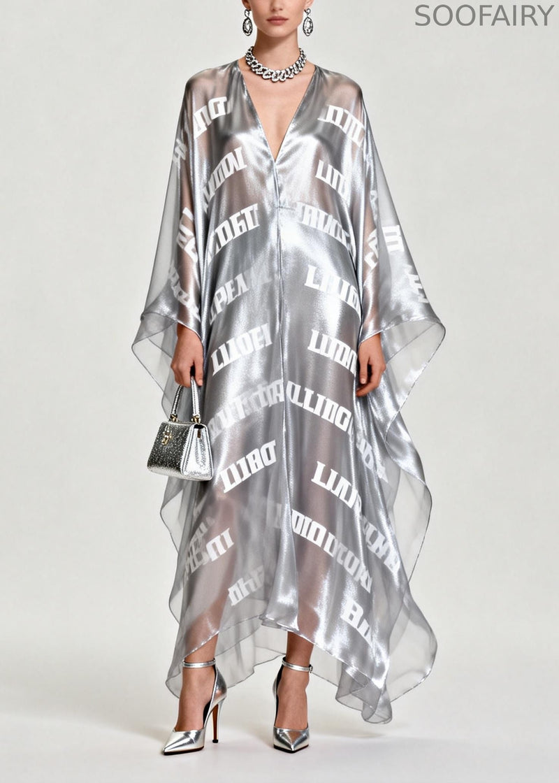 Diy Silvery Oversized Letter Print Chiffon Maxi Dress Summer