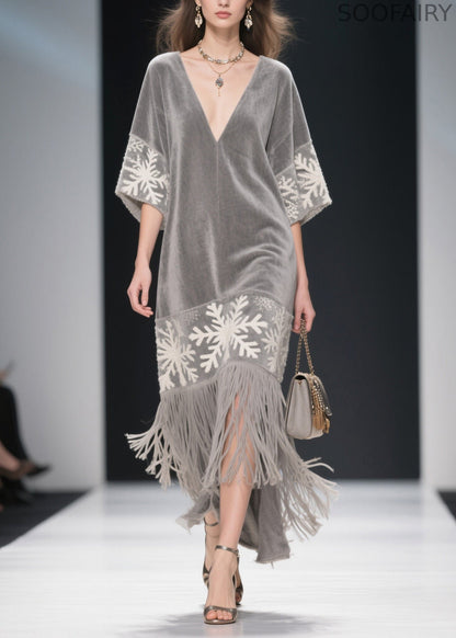 Boutique Grey V Neck Tassel Patchwork Velvet Dress Summer