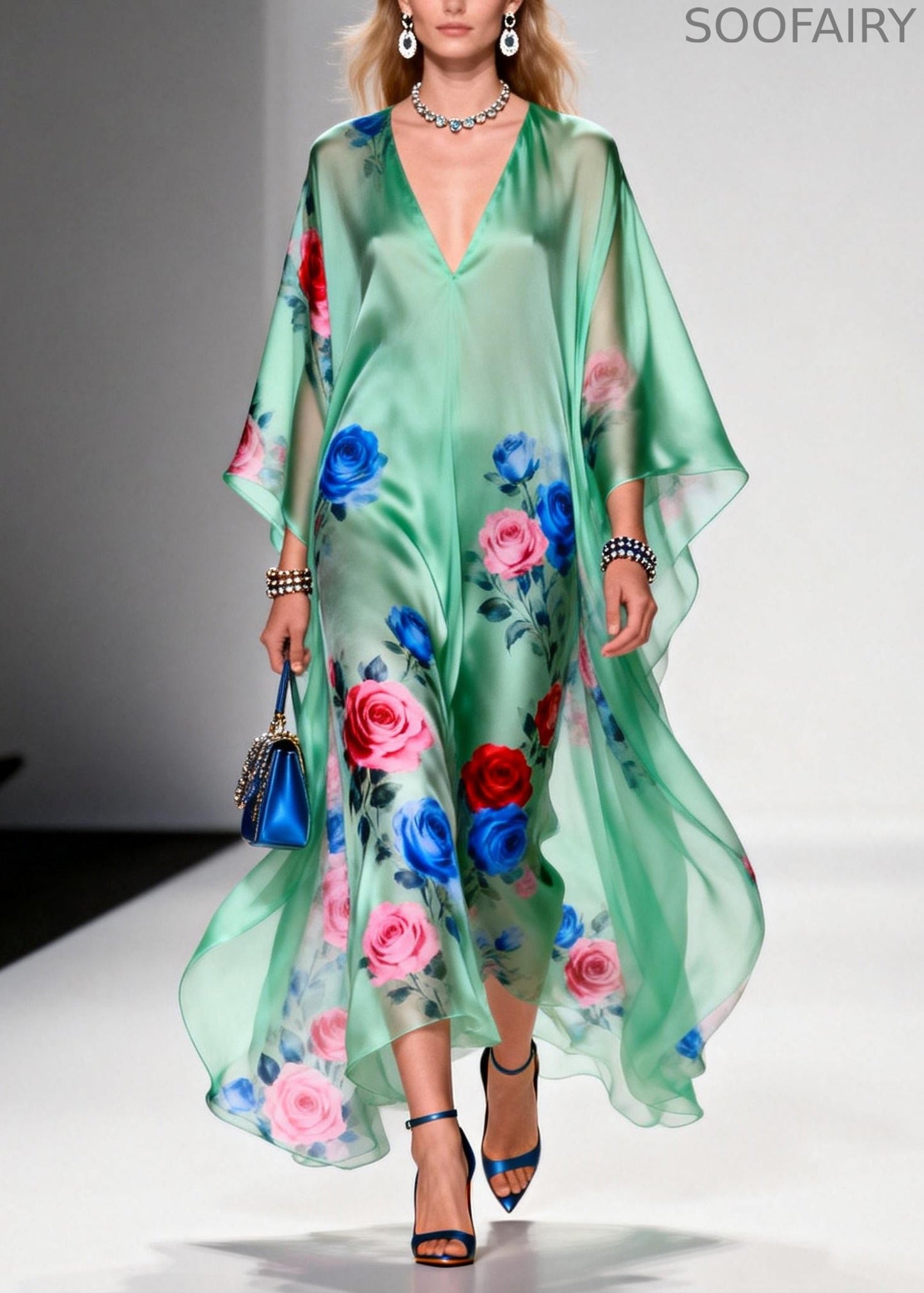 Green Oversized Print Chiffon Beach Dress Summer