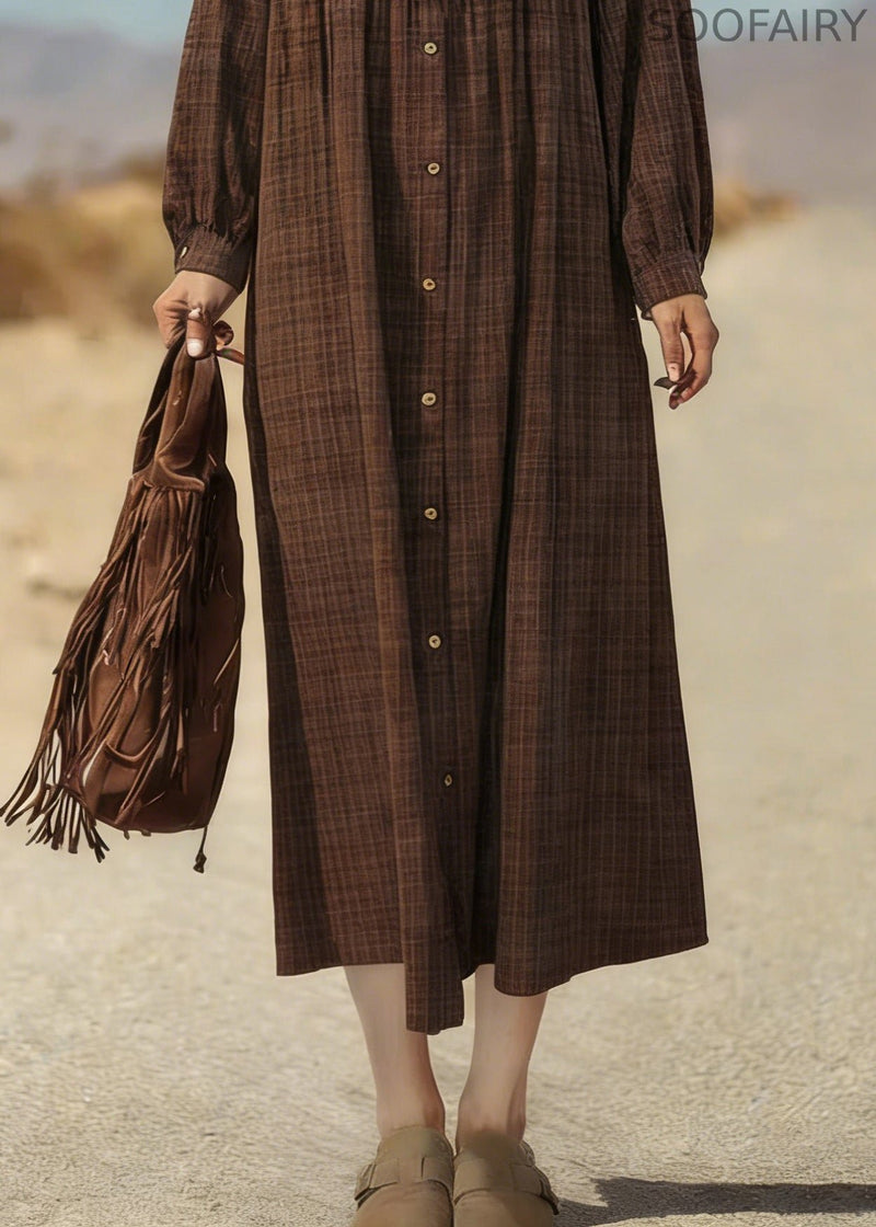 Retro Coffee Plaid Button Cotton Shirts Dress Spring