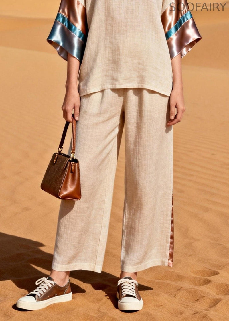 V Neck Silk Patchwork Linen Two Pieces Set Summer