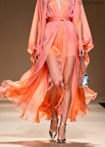 V Neck Patchwork Chiffon Two Pieces Set Spring