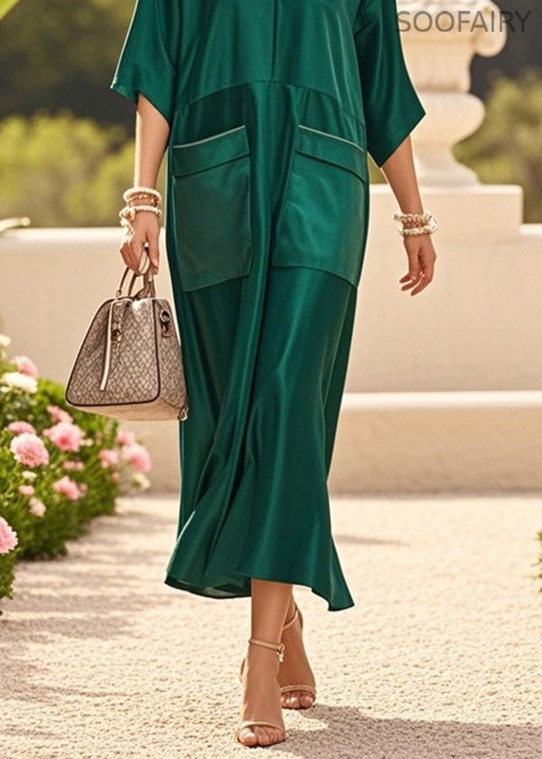 Green V Neck Pockets Patchwork Silk Dresses Summer