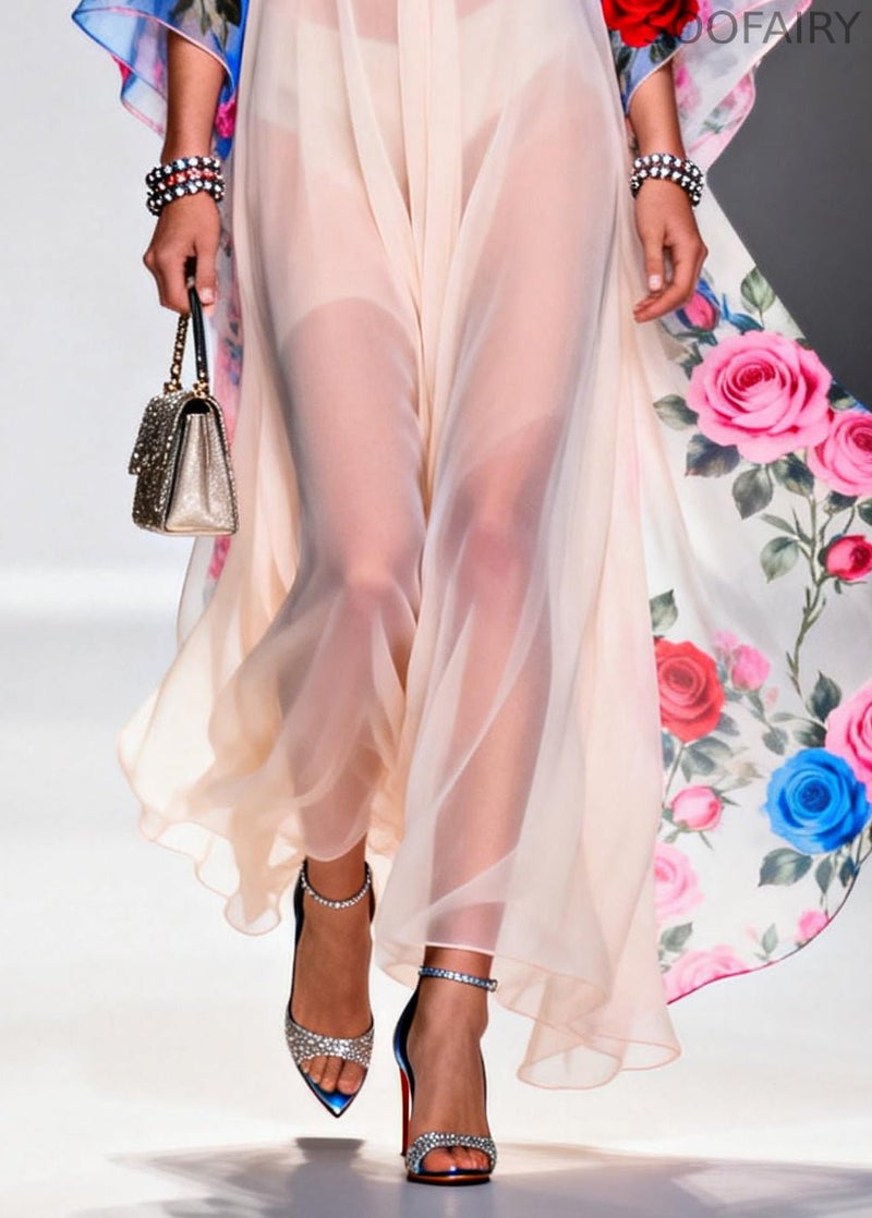 White V Neck Print Chiffon Beach Dress Summer
