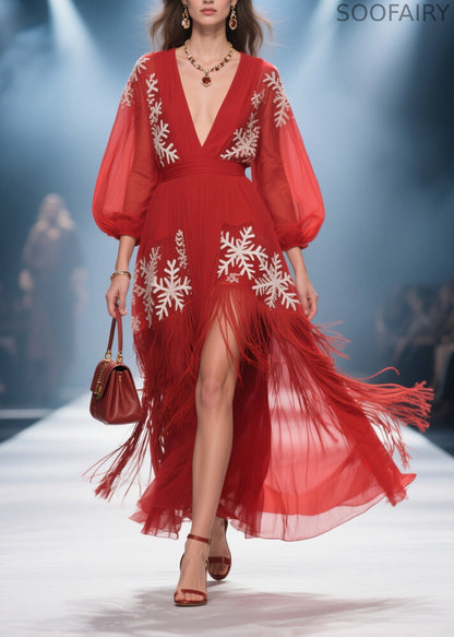 Art Red Print Tassel Patchwork Chiffon Holiday Dress Summer