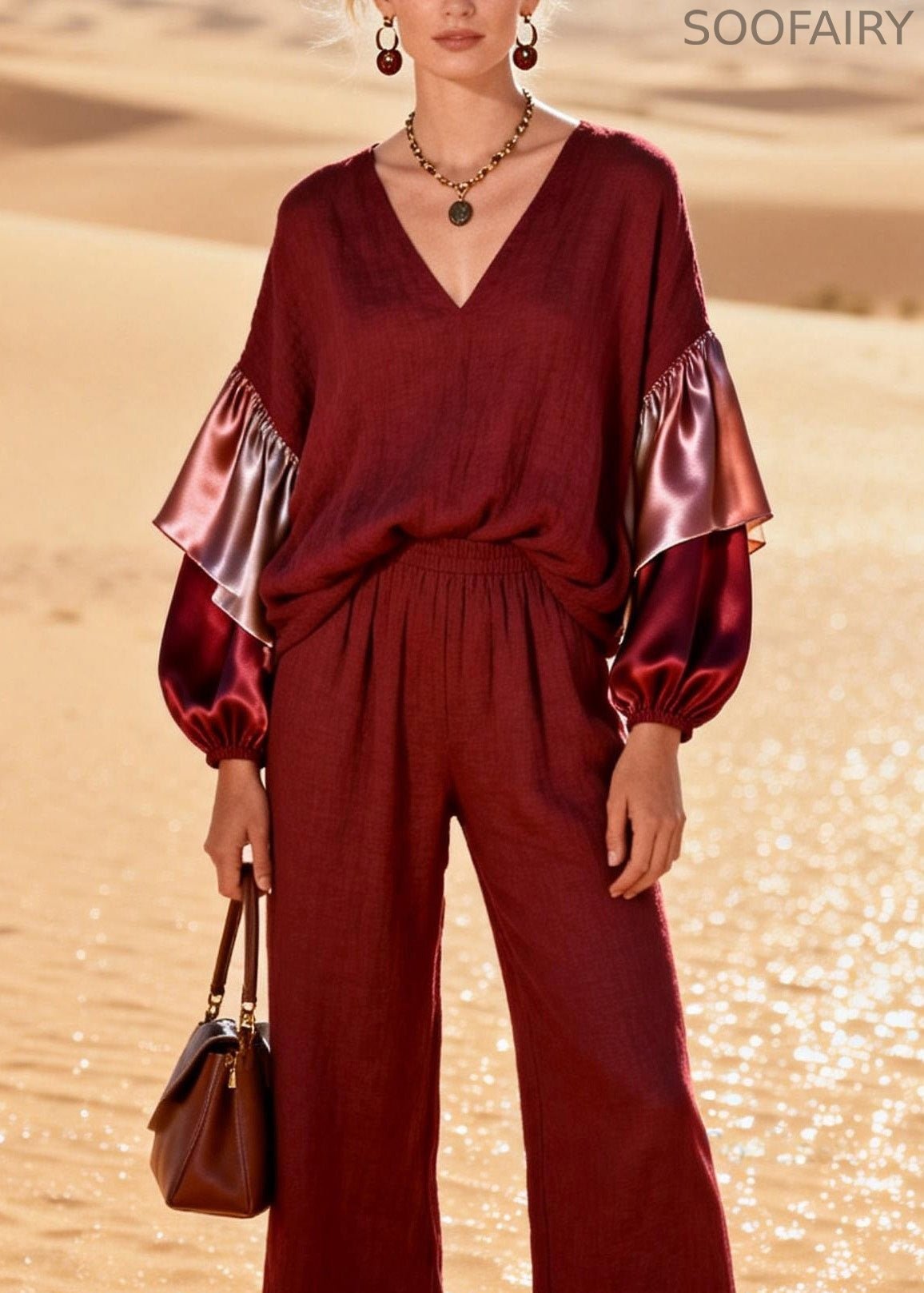 V Neck Patchwork Linen Silk Two Pieces Set Spring