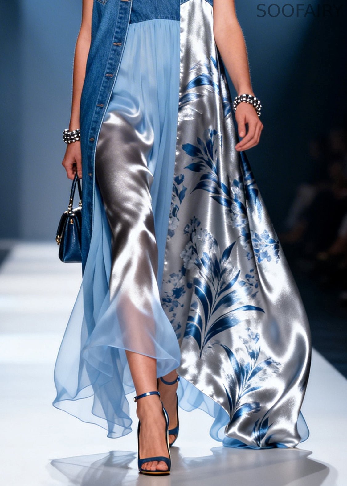 Denim Blue Patchwork Chiffon Dress Two Piece Set Asymmetrical Summer