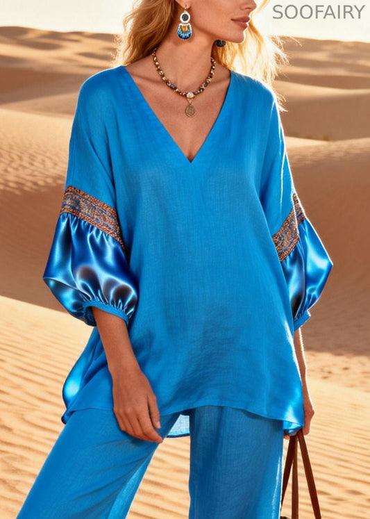 Blue Silk Patchwork Tops and Crop Pants Linen Two Piece Set V Neck Bracelet Sleeve