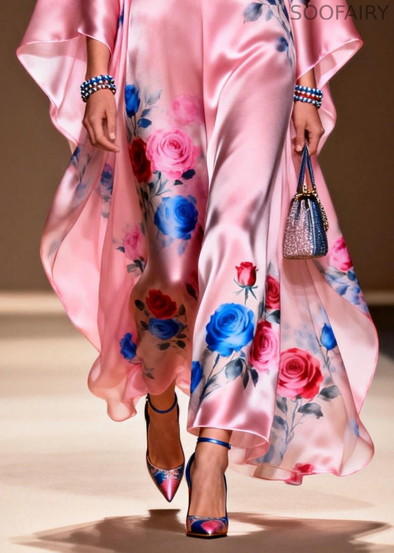Art Pink Oversized Print Silk Party Dress Summer