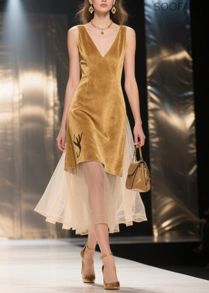 Yellow V Neck Tulle Patchwork Velvet Dresses Sleeveless