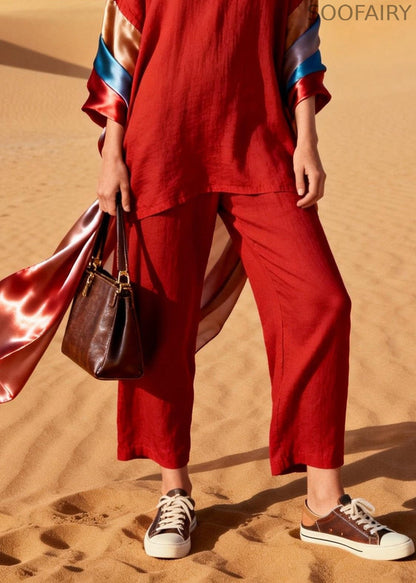 Italian Red V Neck Silk Patchwork Linen Two Piece Set Outfits Summer