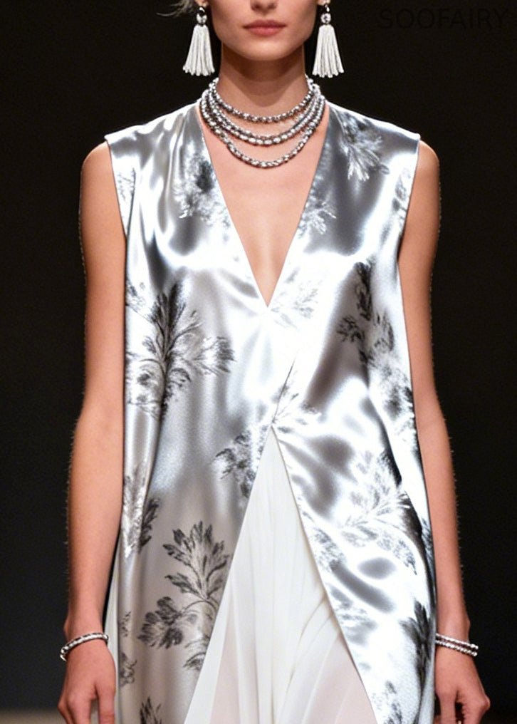 Silvery Print Patchwork Chiffon Fake Two Piece Dress Sleeveless