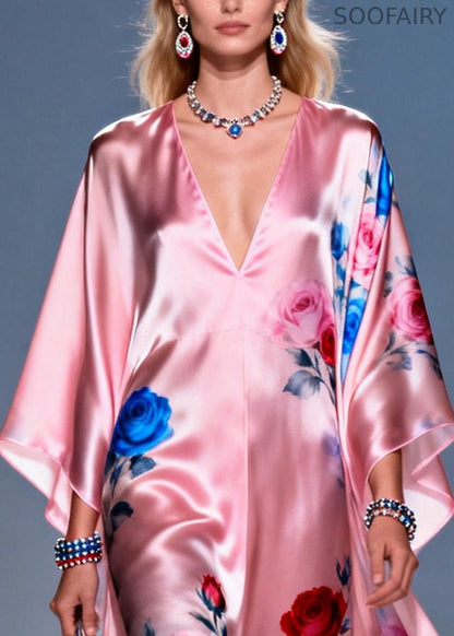 Pink Oversized Flower Print Chiffon Party Dress Summer