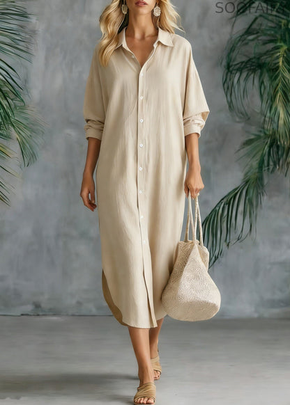 Loose White Peter Pan Collar Button Side Open Linen Shirts Dresses Spring