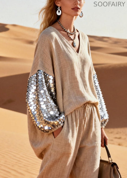 Khaki Sequins Elastic Waist Patchwork Linen Jumpsuits V Neck Spring